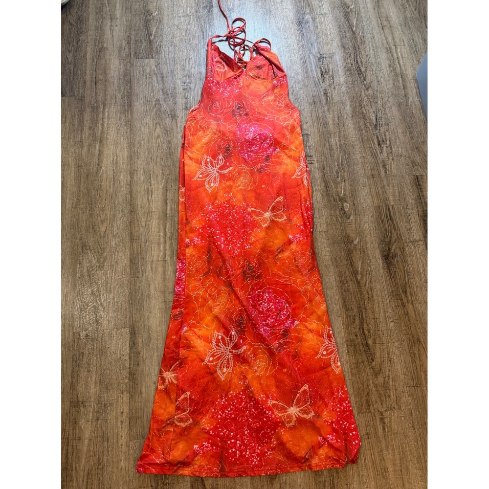 Y2K Butterfly Rose Print Halter Maxi Dress Orange Red Lace Up Back Size L